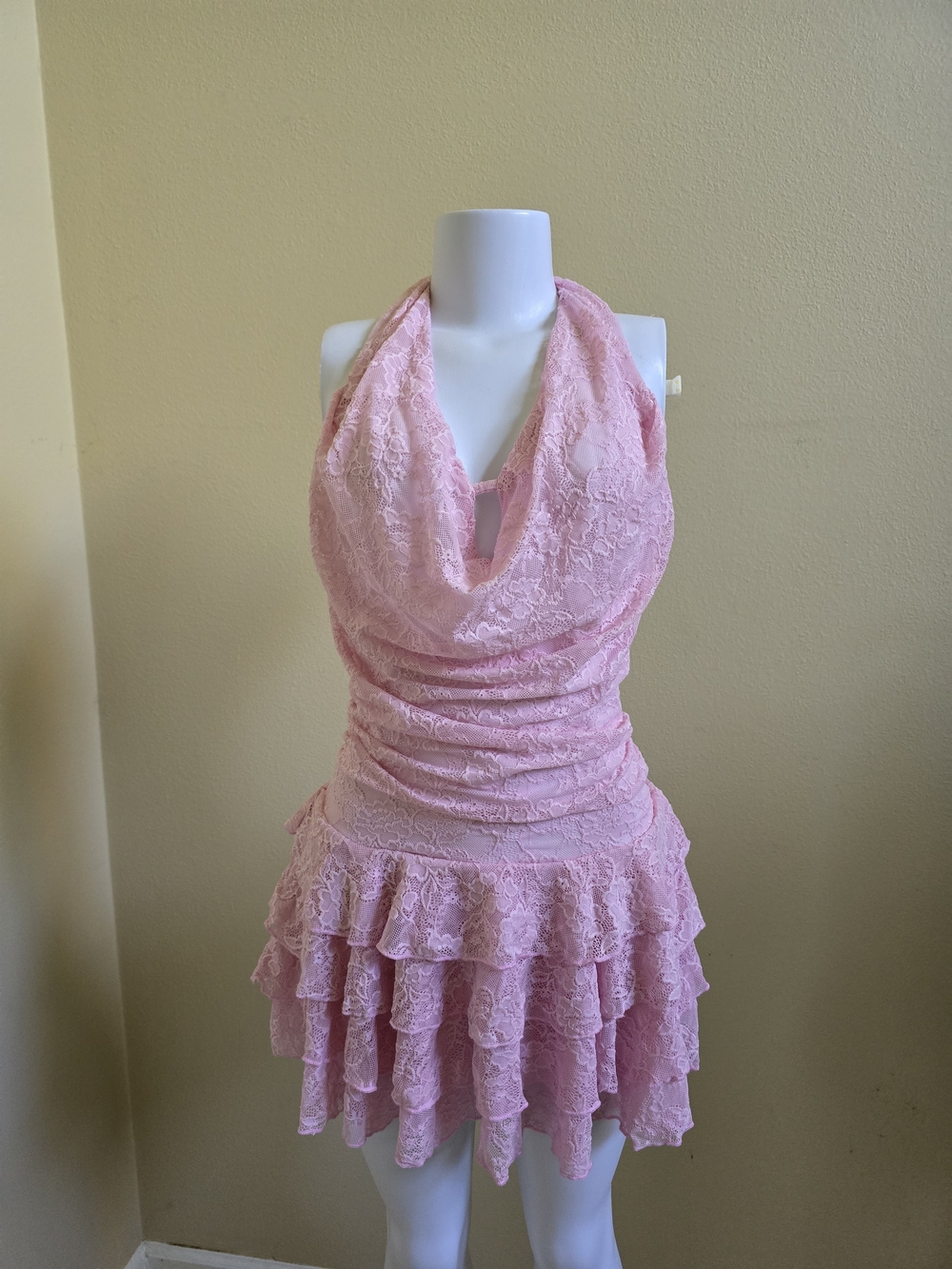 Lace Halter Ruffle Mini Dress in Soft Pink